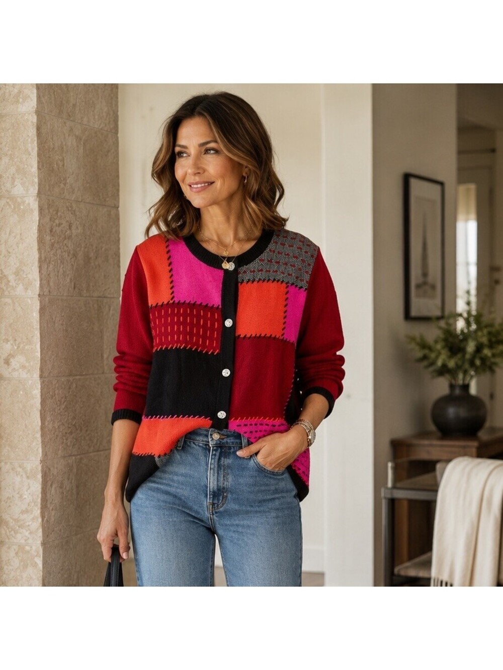 Koret Women’s Wool Blend Block-Quilt Design Cardigan  Size 1x